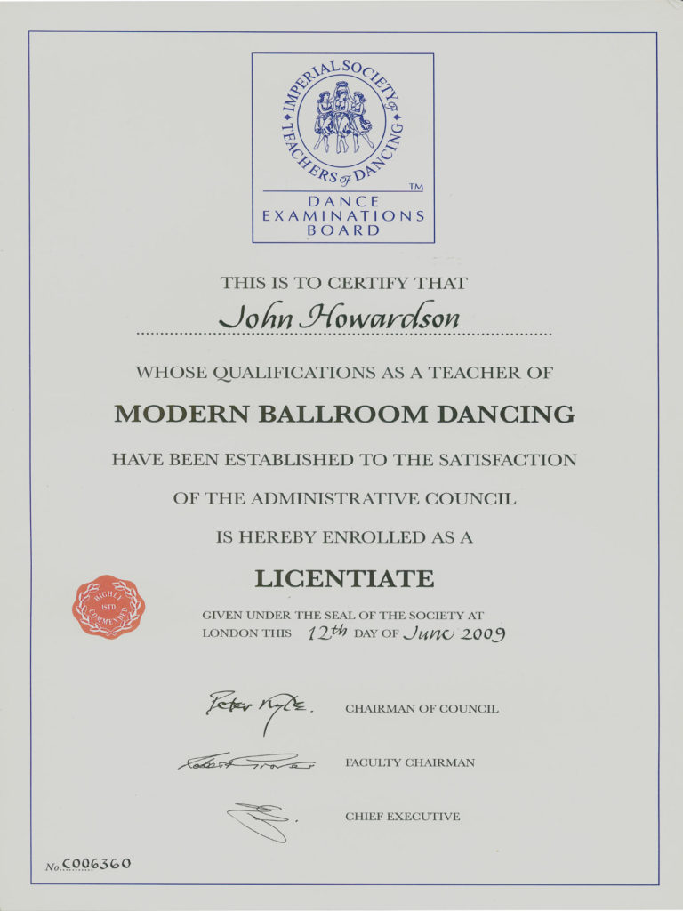 John Howardson ISTD Certiication